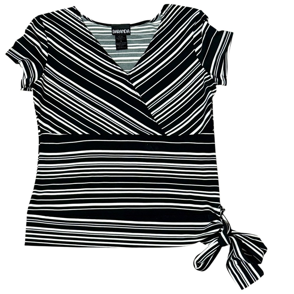 Baranda Womens Black White Striped Wrap Side Tie V-Neck Top Short Sleeve Medium